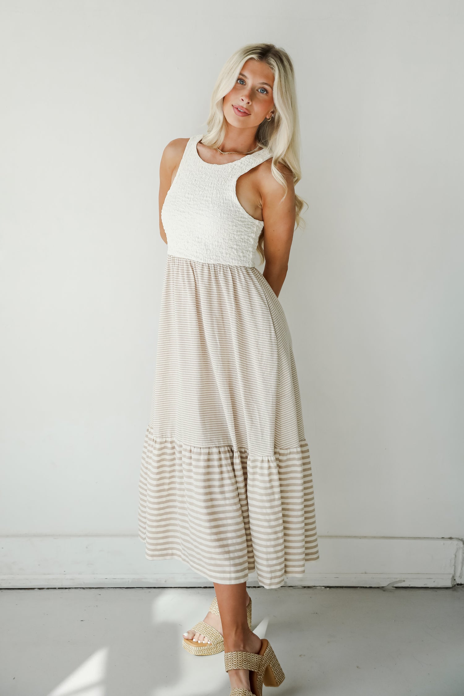 Dreamy Adoration Taupe Striped Contrast Midi Dress