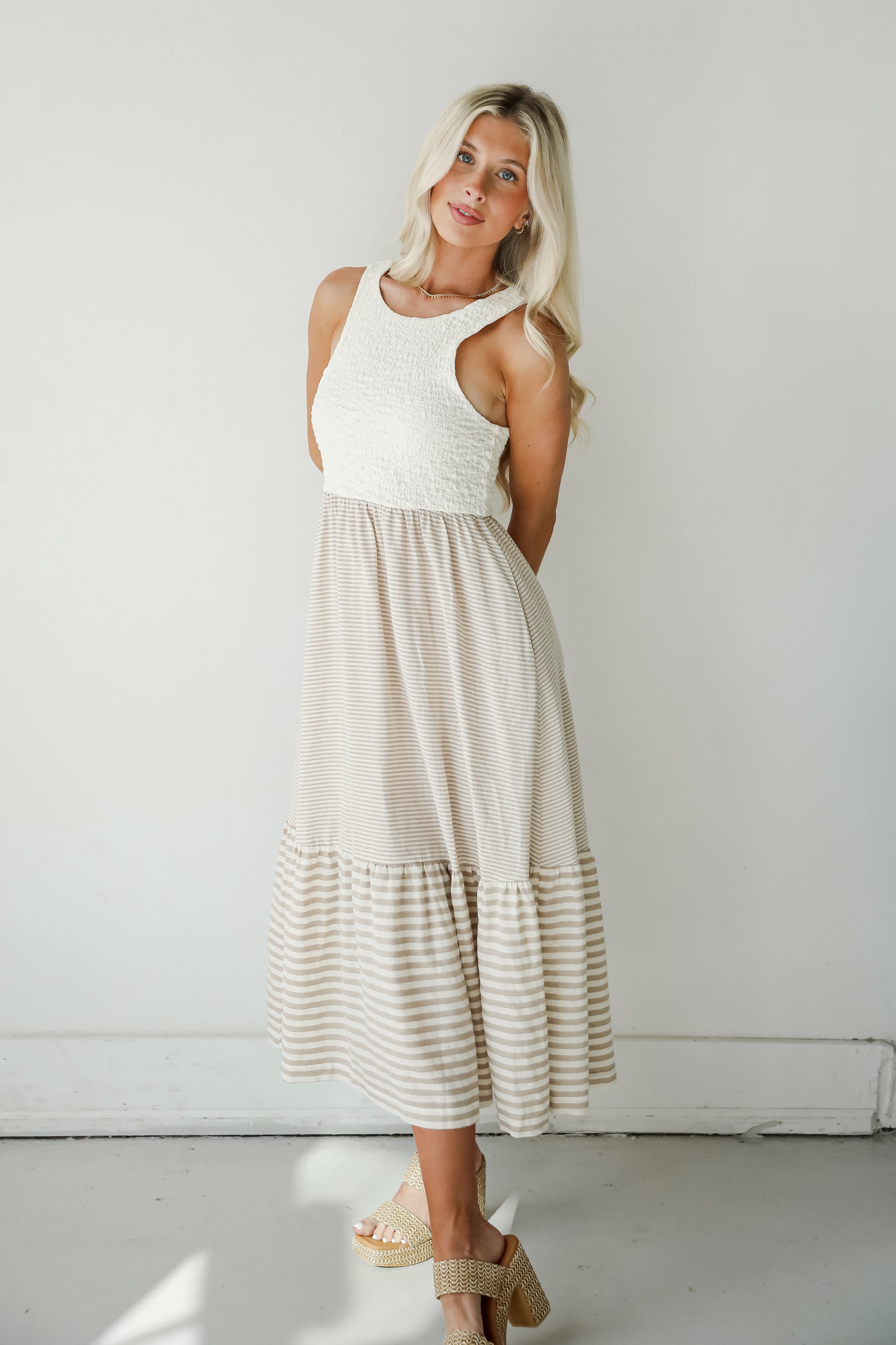 Dreamy Adoration Taupe Striped Contrast Midi Dress