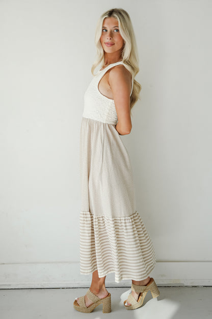 Dreamy Adoration Taupe Striped Contrast Midi Dress