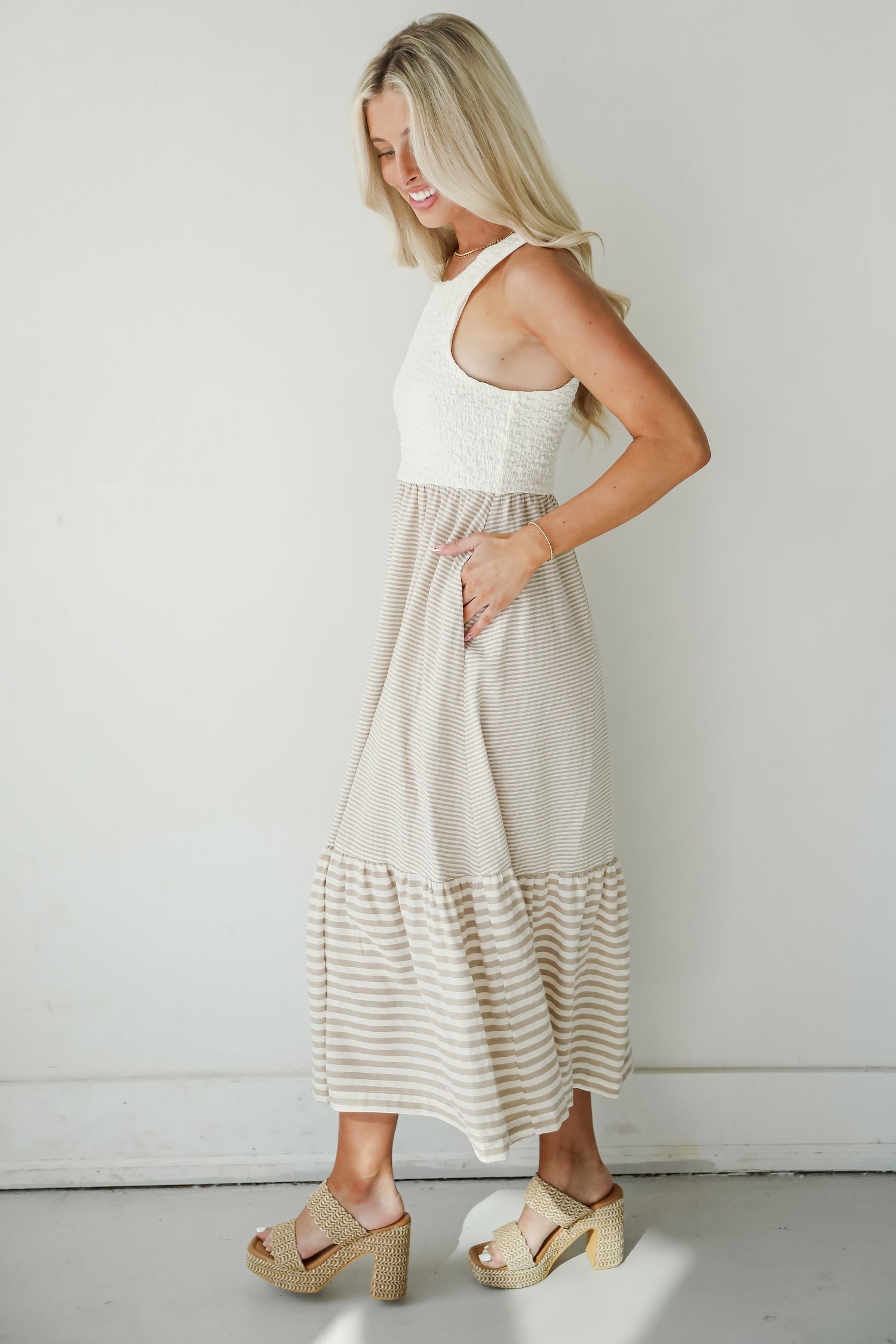 Dreamy Adoration Taupe Striped Contrast Midi Dress