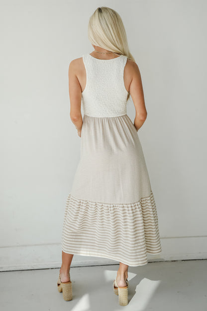 Dreamy Adoration Taupe Striped Contrast Midi Dress