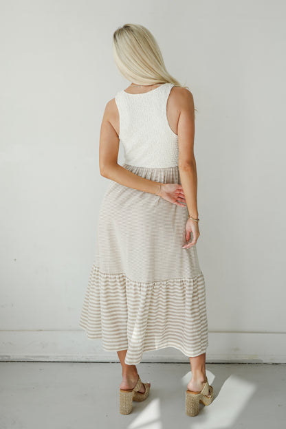 Dreamy Adoration Taupe Striped Contrast Midi Dress
