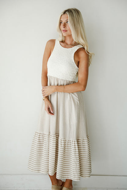 Dreamy Adoration Taupe Striped Contrast Midi Dress