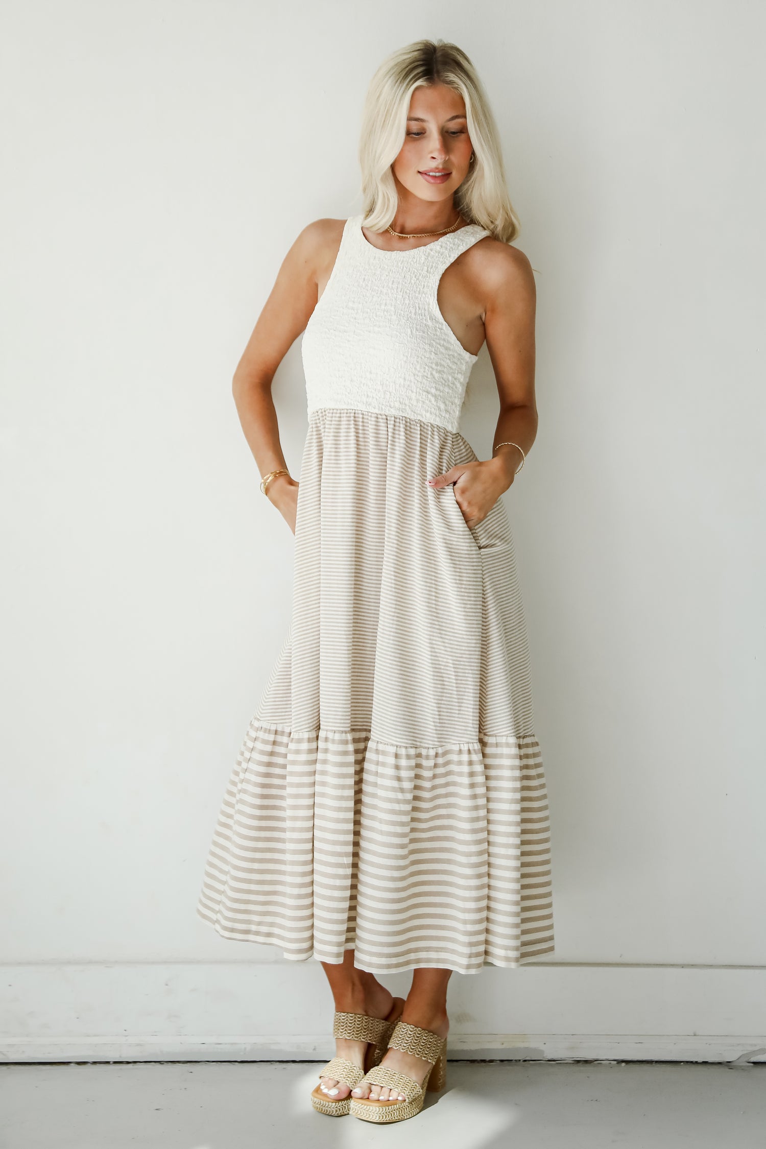 Dreamy Adoration Taupe Striped Contrast Midi Dress