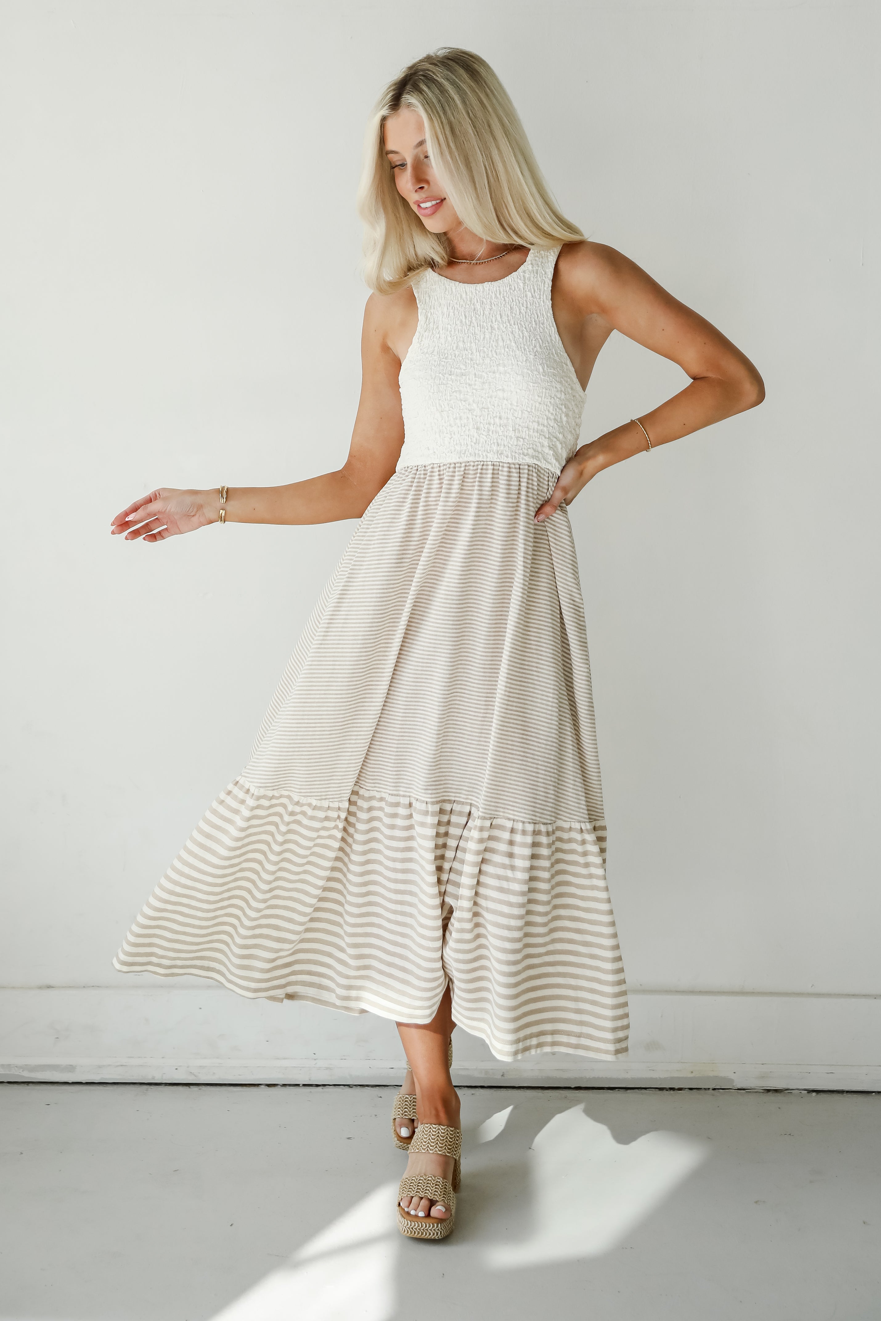 Dreamy Adoration Taupe Striped Contrast Midi Dress