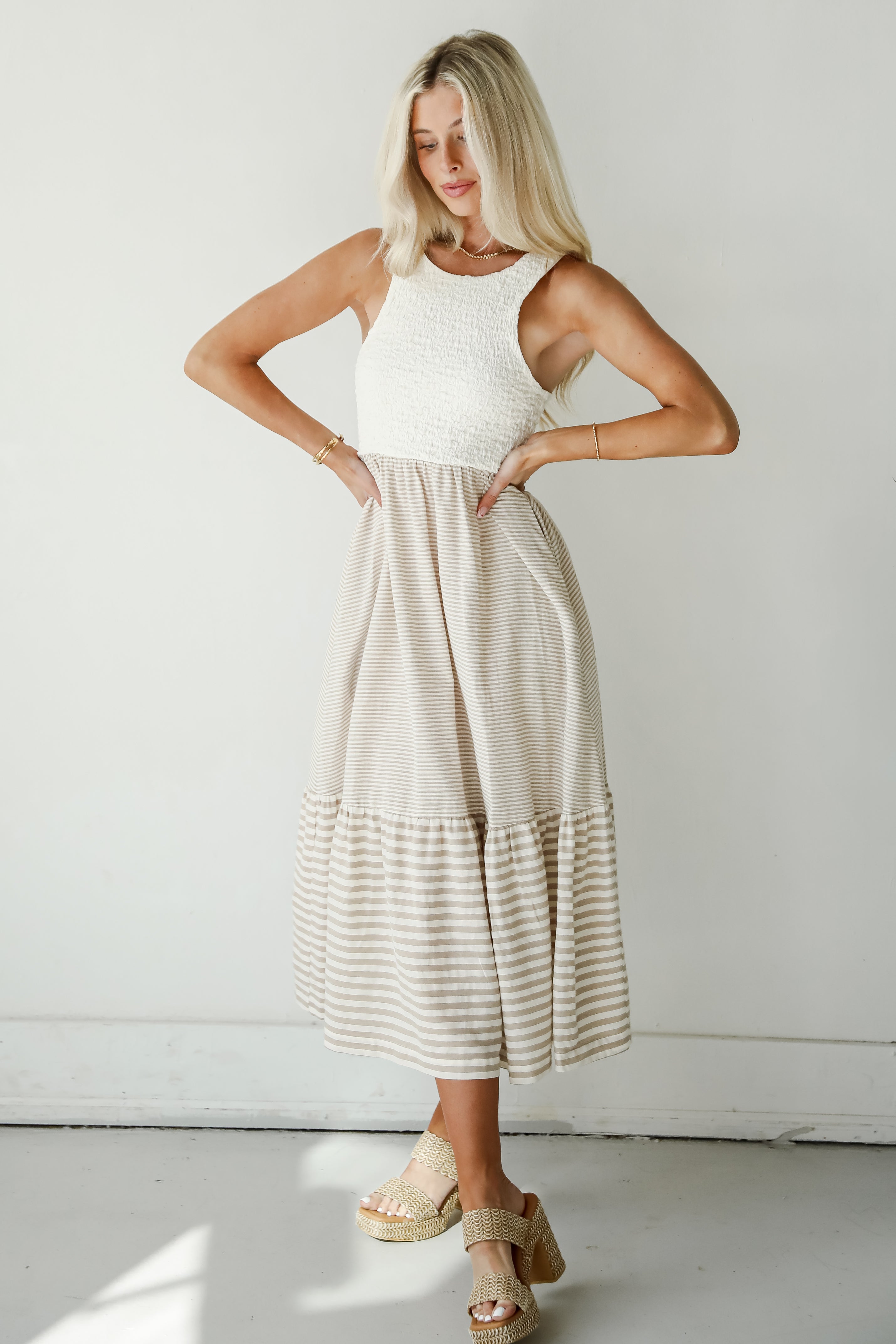 Dreamy Adoration Taupe Striped Contrast Midi Dress