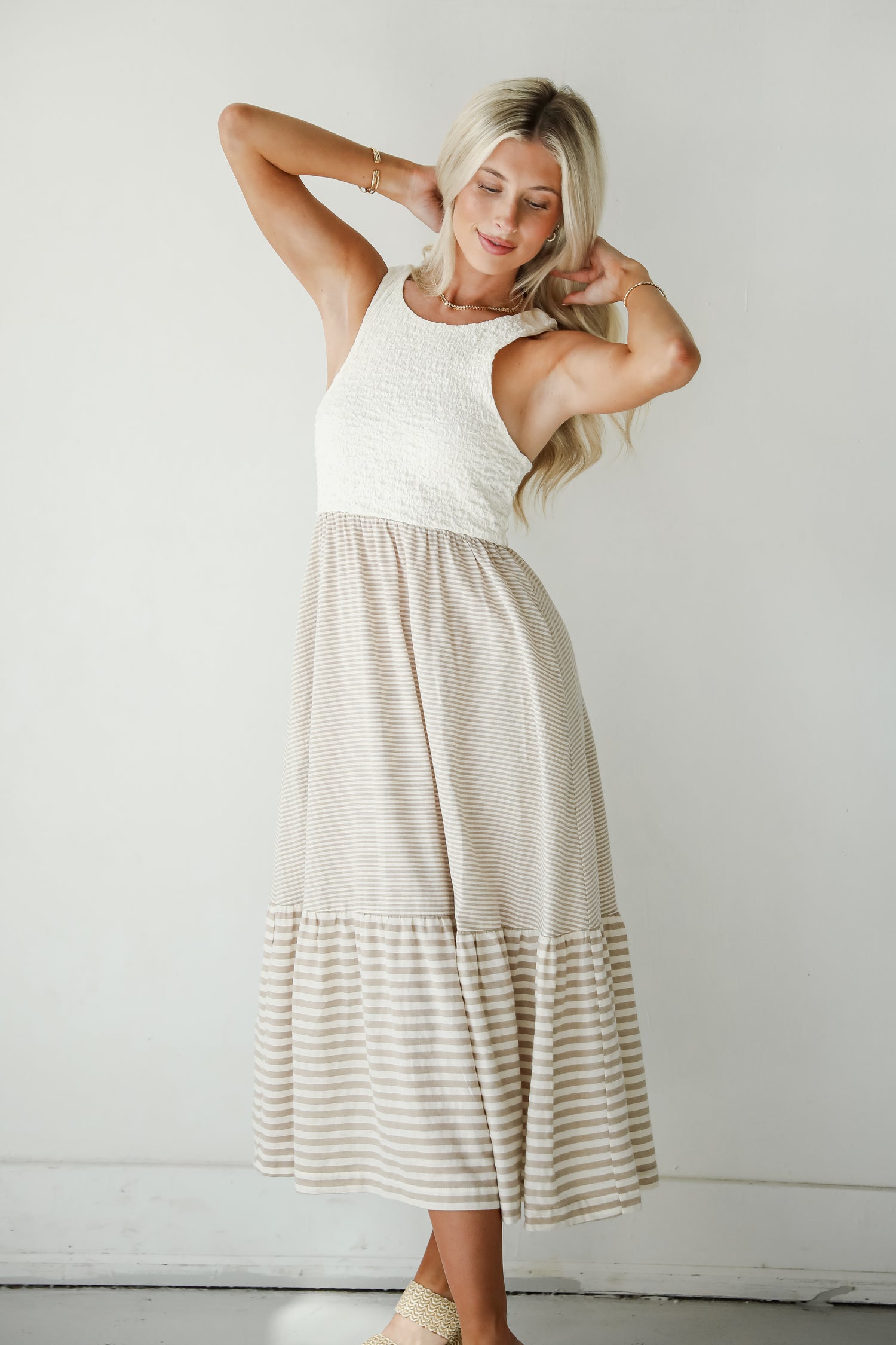 Dreamy Adoration Taupe Striped Contrast Midi Dress