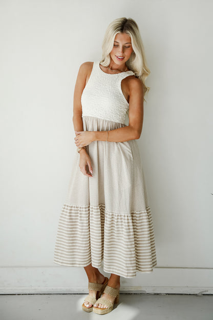 Dreamy Adoration Taupe Striped Contrast Midi Dress