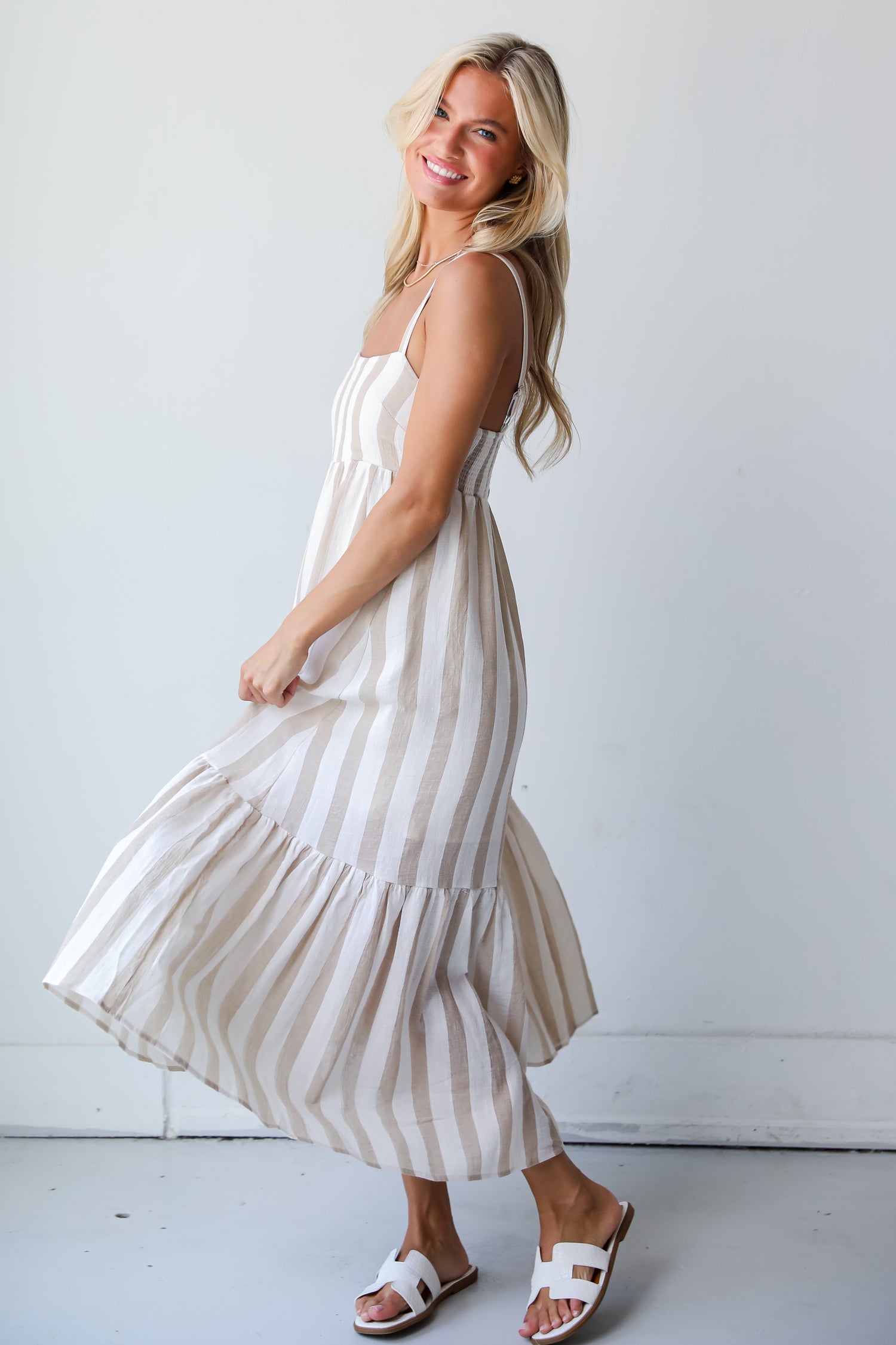 Effective Charm Taupe Striped Maxi Dress