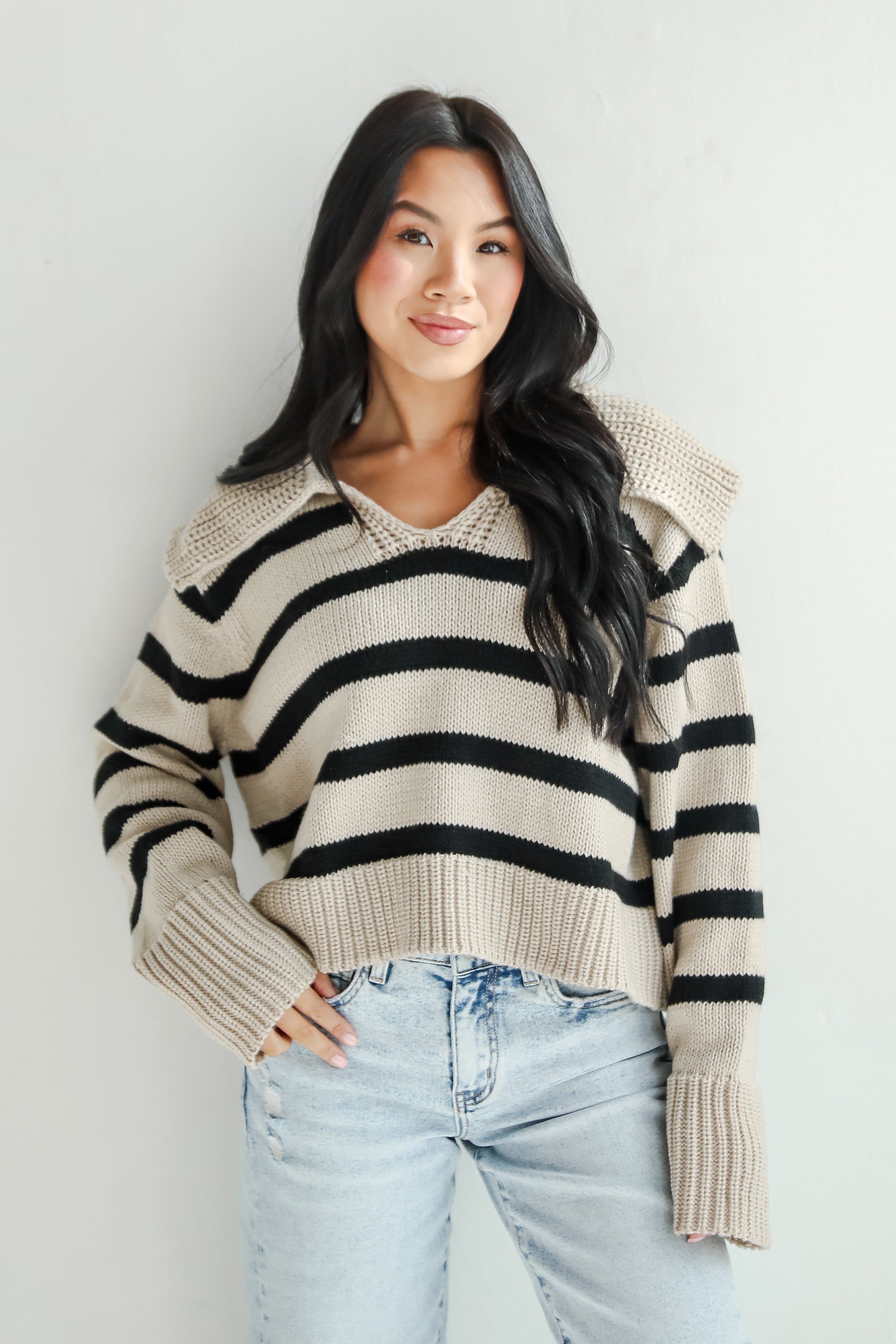 Coziest Cuddles Beige Striped Collared Sweater