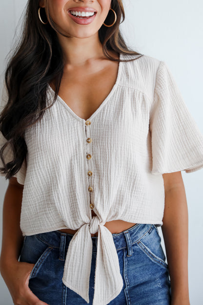 Considerably Cute Natural Linen Tie-Front Blouse