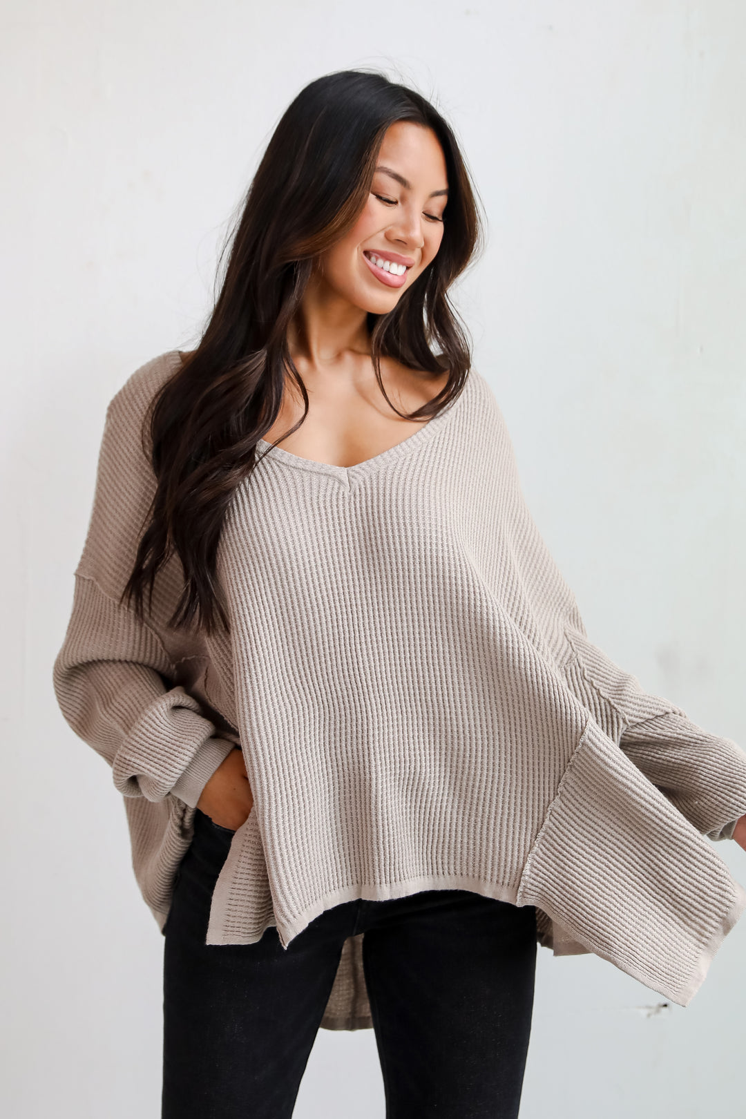 Sweetest Composure Taupe Oversized Waffle Knit Top