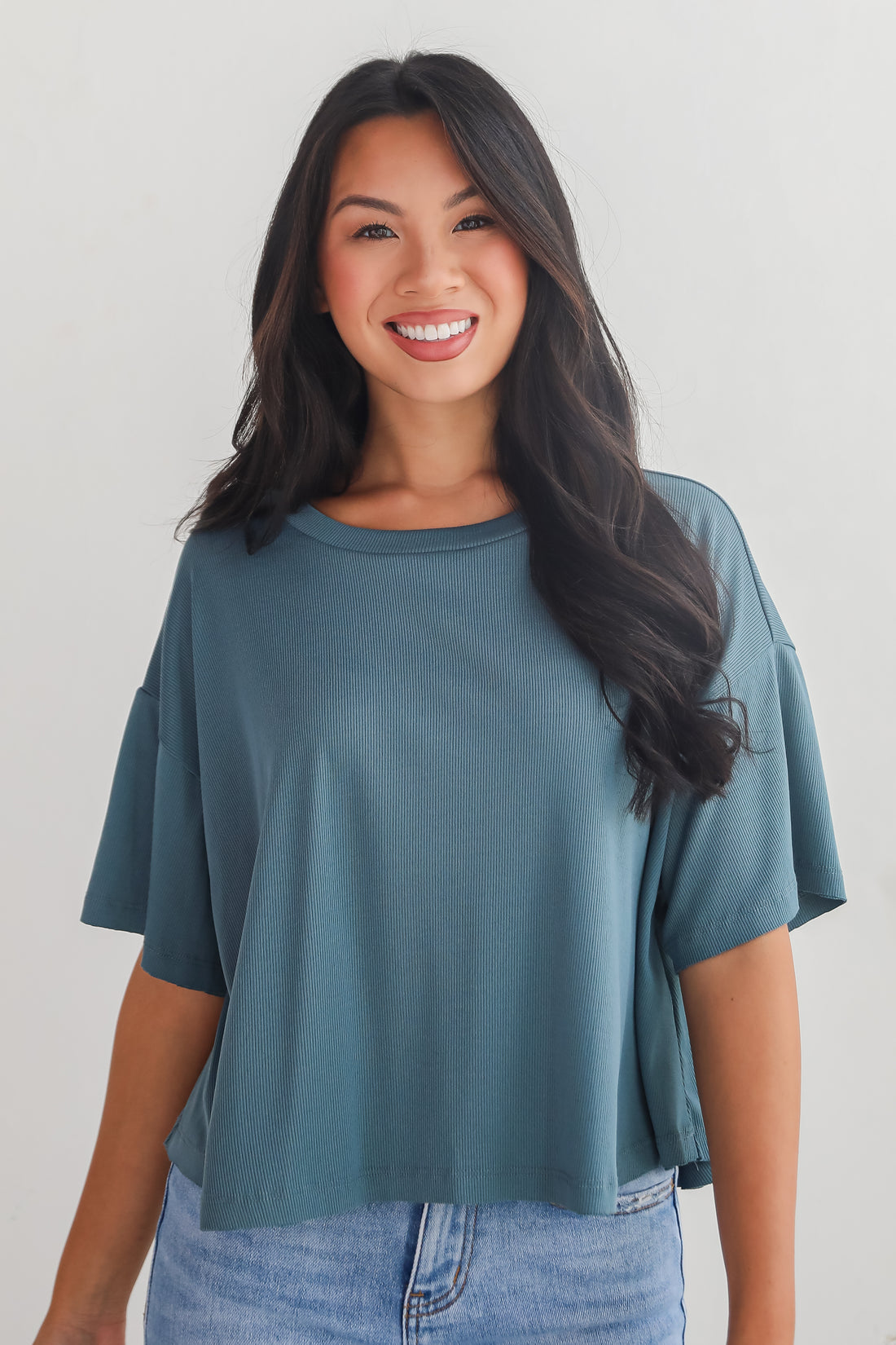 Catherine Teal Ribbed Knit Tee