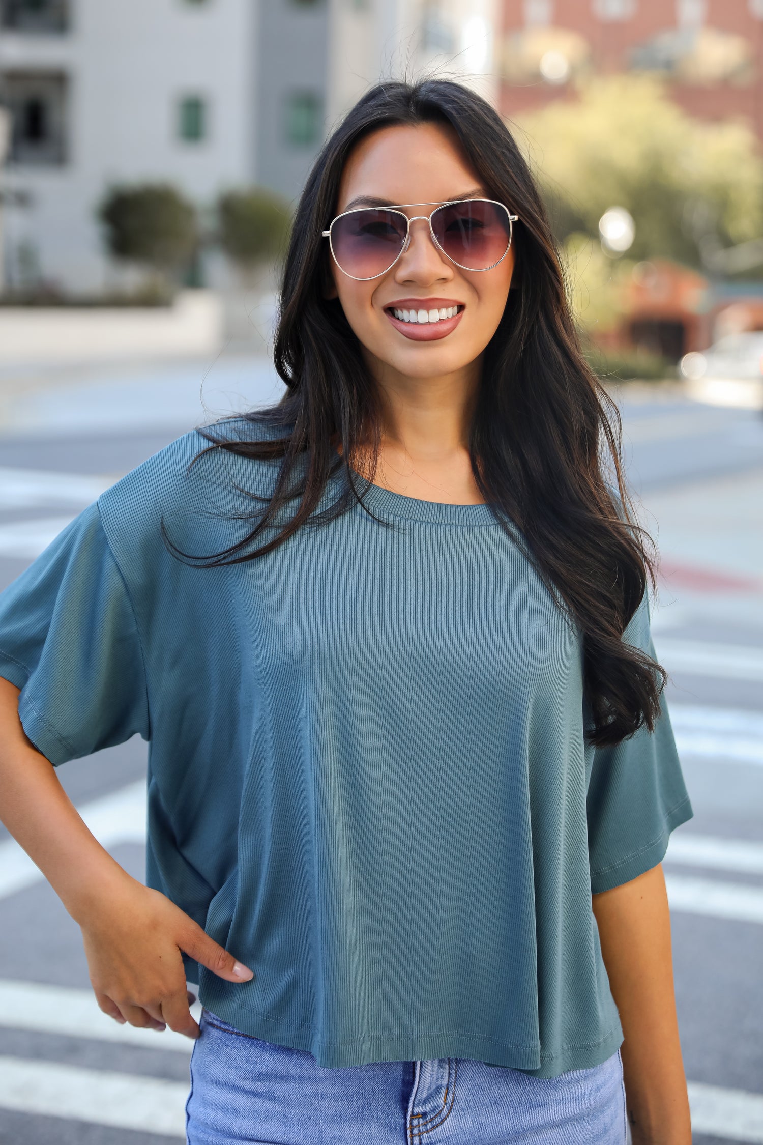 Catherine Teal Ribbed Knit Tee