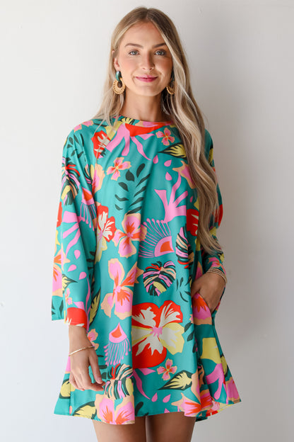 Island Ease Teal Tropical Mini Dress