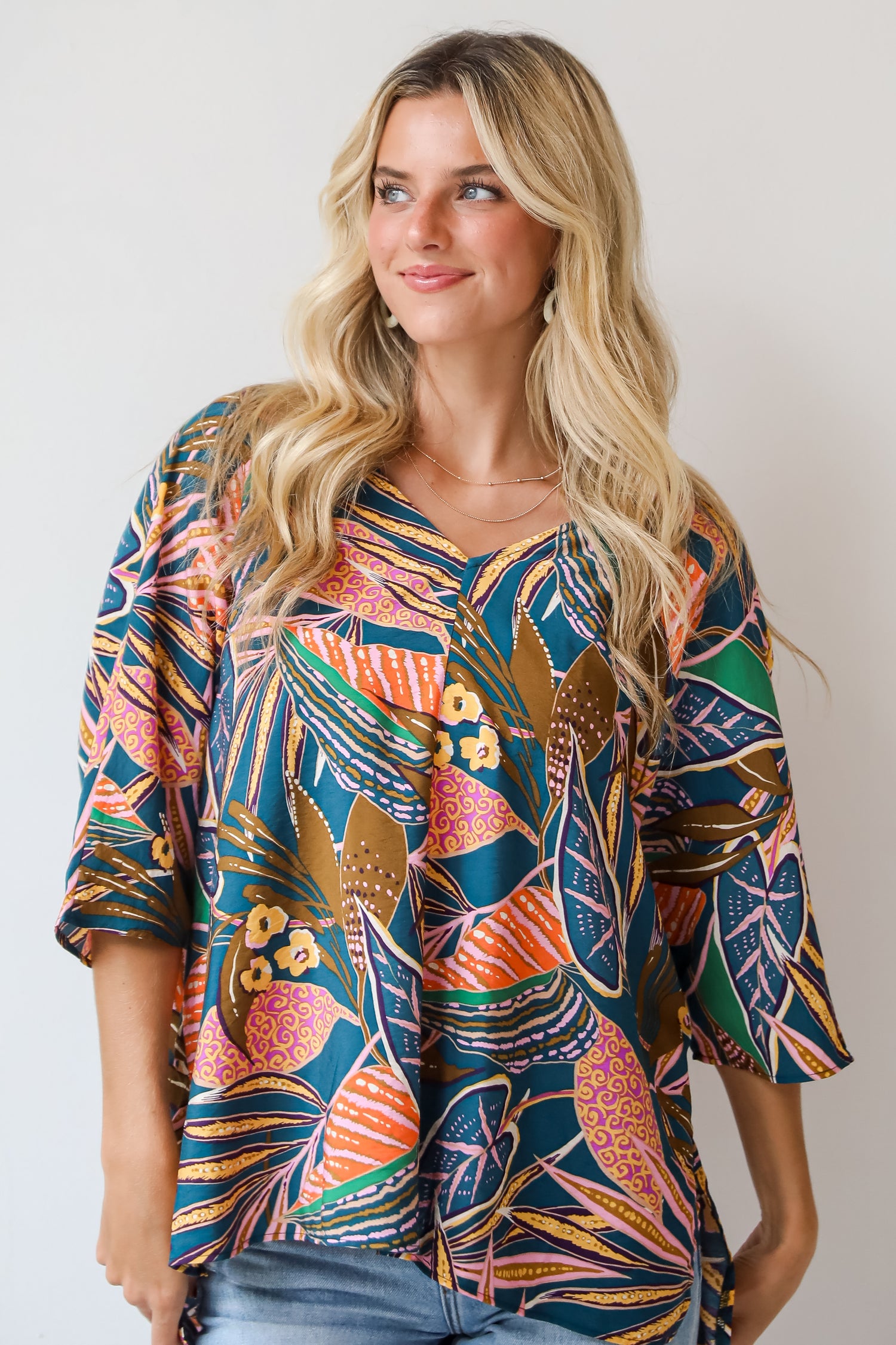 Incredible Allure Teal Leaf Print Oversized Blouse