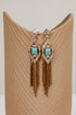 Pair of earrings with turquoise stones and gold fringes on a beige stand.