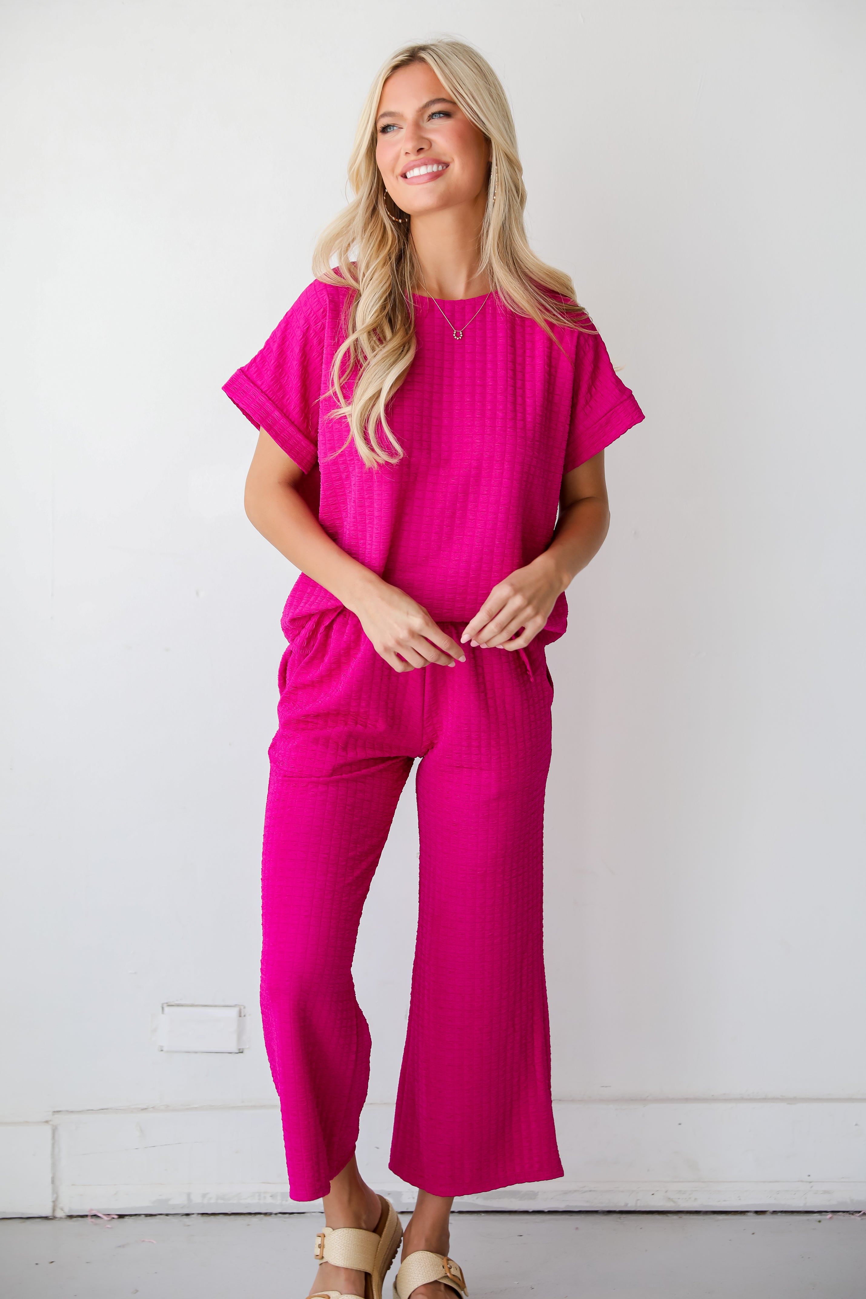 trendy pink Textured Wide Leg Pants