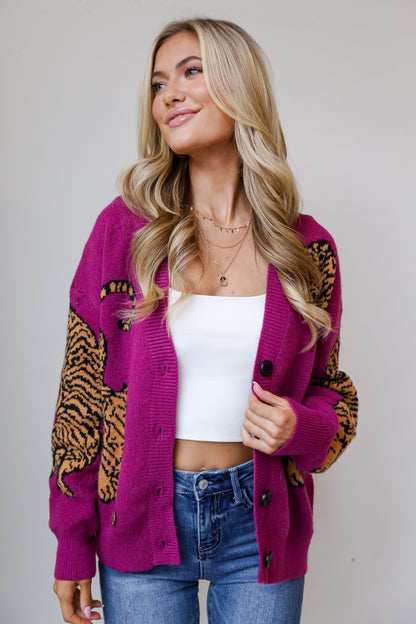 Magenta Tiger Oversized Sweater Cardigan front view