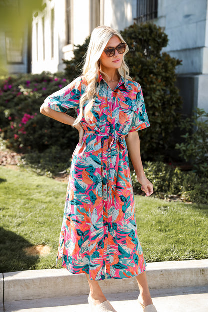 pink Tropical Print Midi Dress