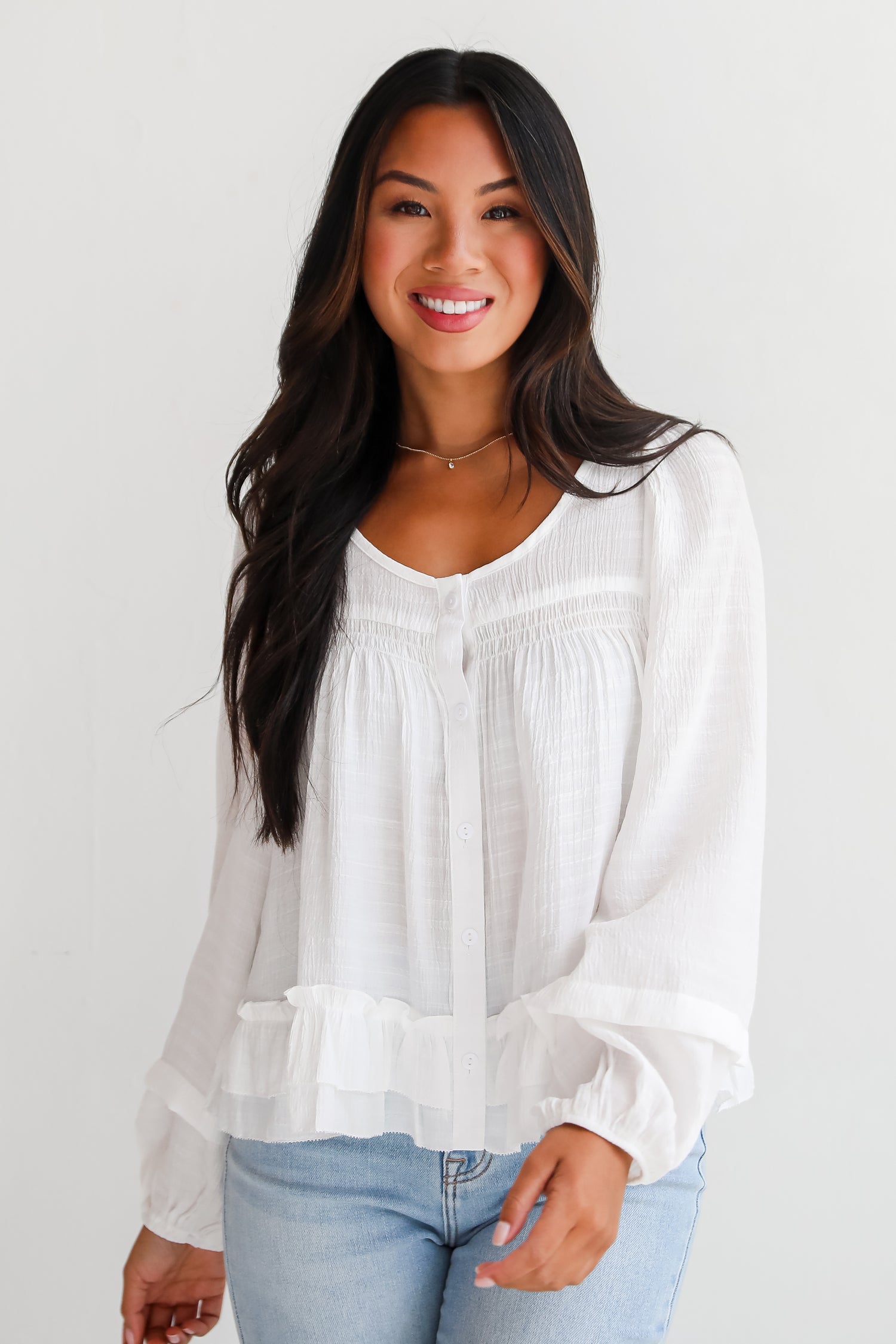 Composed Personality White Ruffle Blouse