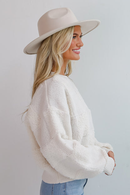 Cozy Effect Cream Checkered Fuzzy Knit Sweater