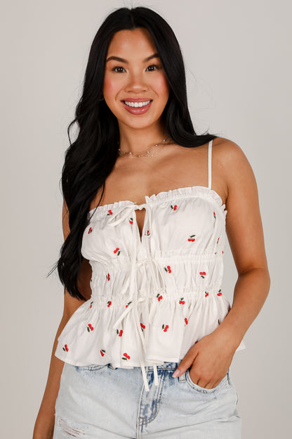 Cherry Sweet White Ruffle Tank