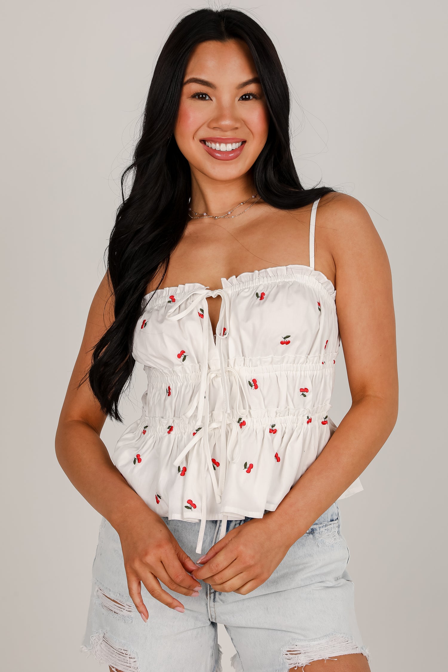 Cherry Sweet White Ruffle Tank