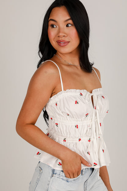 Cherry Sweet White Ruffle Tank