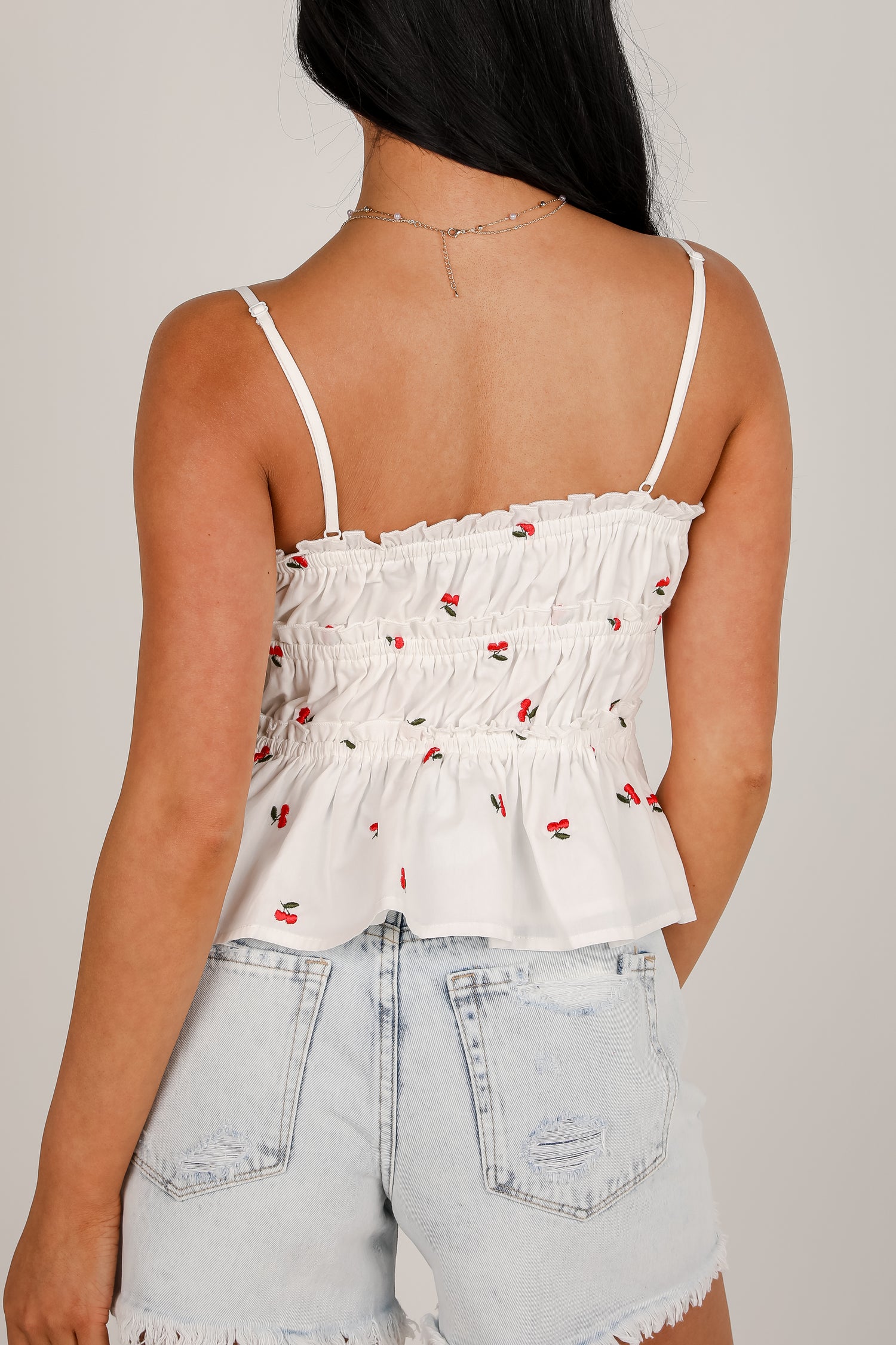 Cherry Sweet White Ruffle Tank