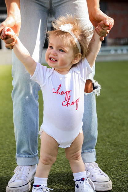 White Chop Chop Script Onesie