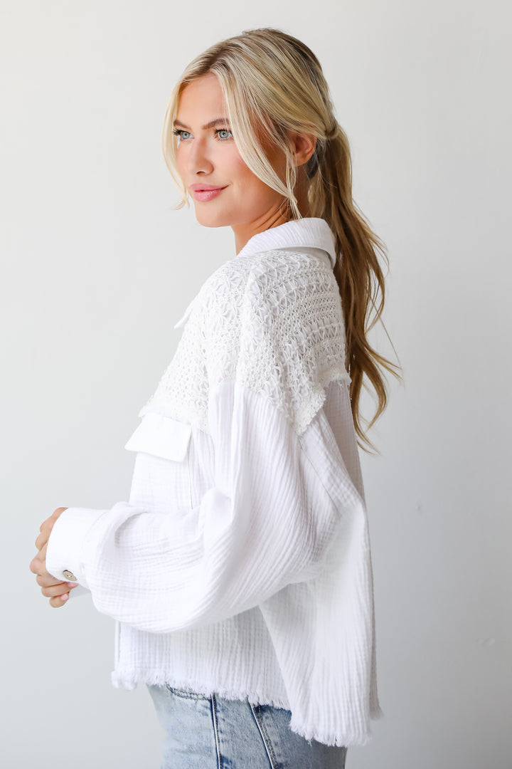 Dearly Adored White Linen Crochet Blouse