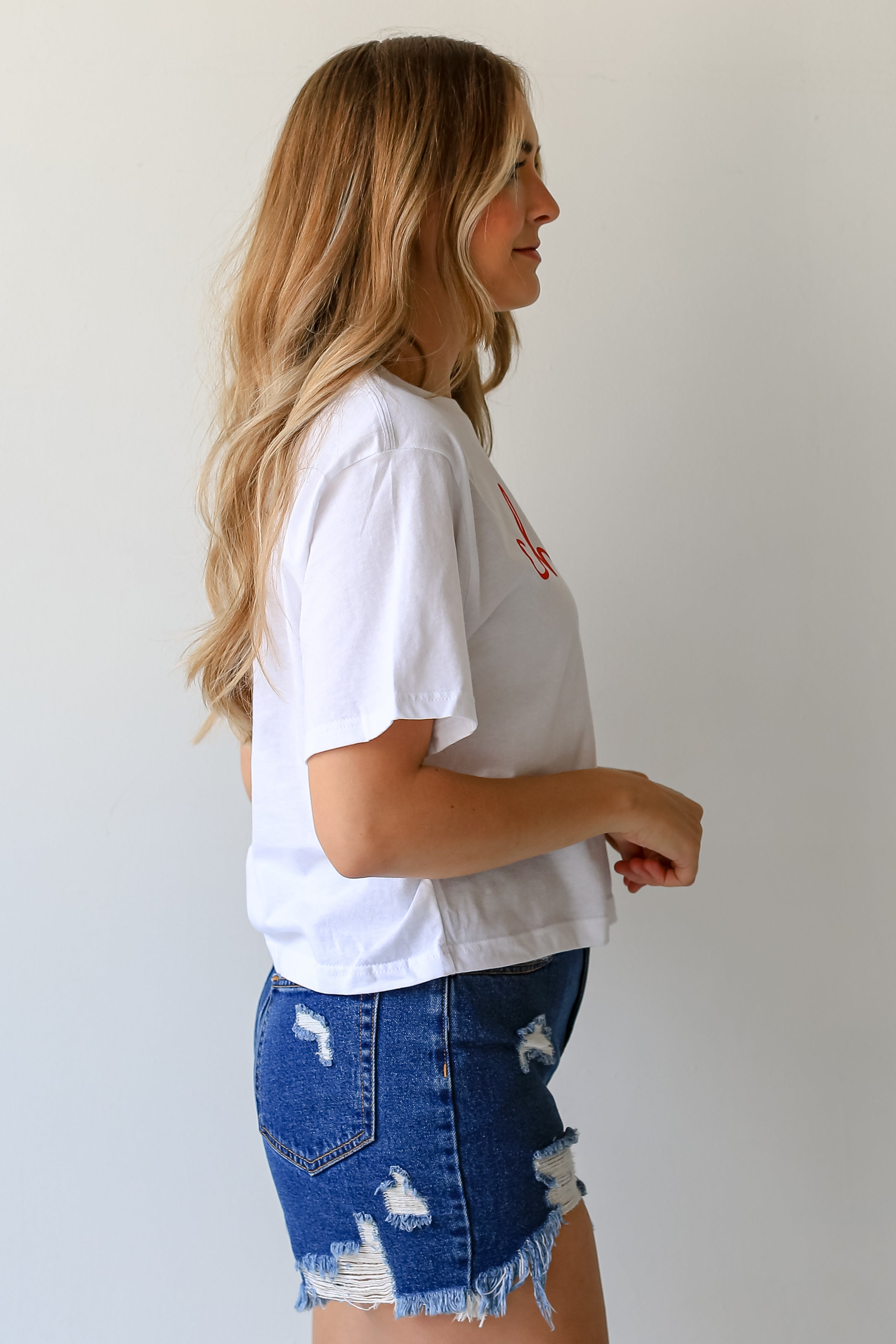 White Chop Chop Script Cropped Tee side view