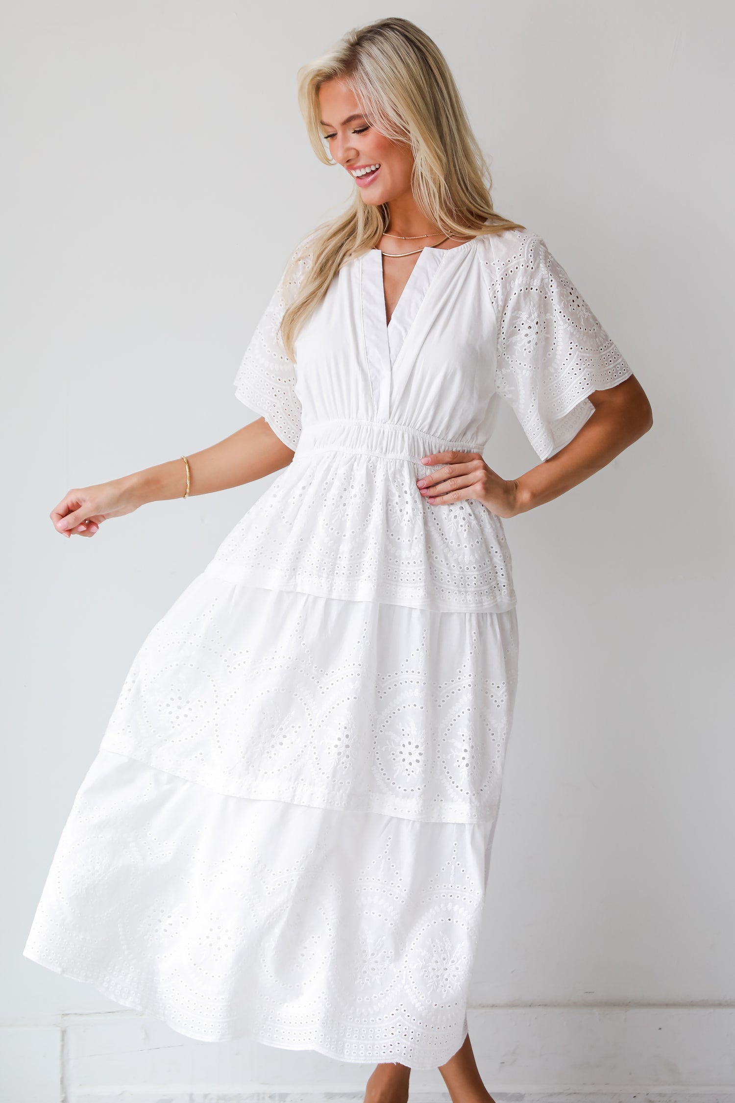 Perfect Sunshine White Eyelet Midi Dress