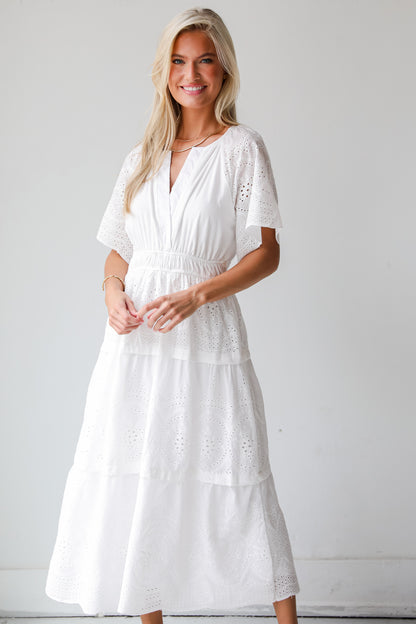 Perfect Sunshine White Eyelet Midi Dress