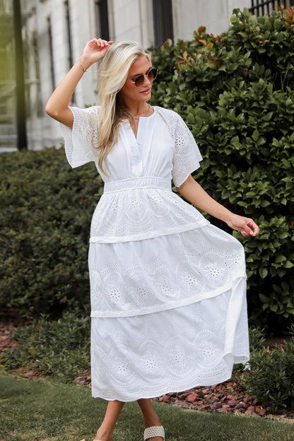 Perfect Sunshine White Eyelet Midi Dress