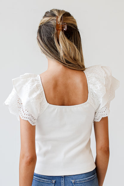 white Eyelet Ruffle Sleeve Top back view