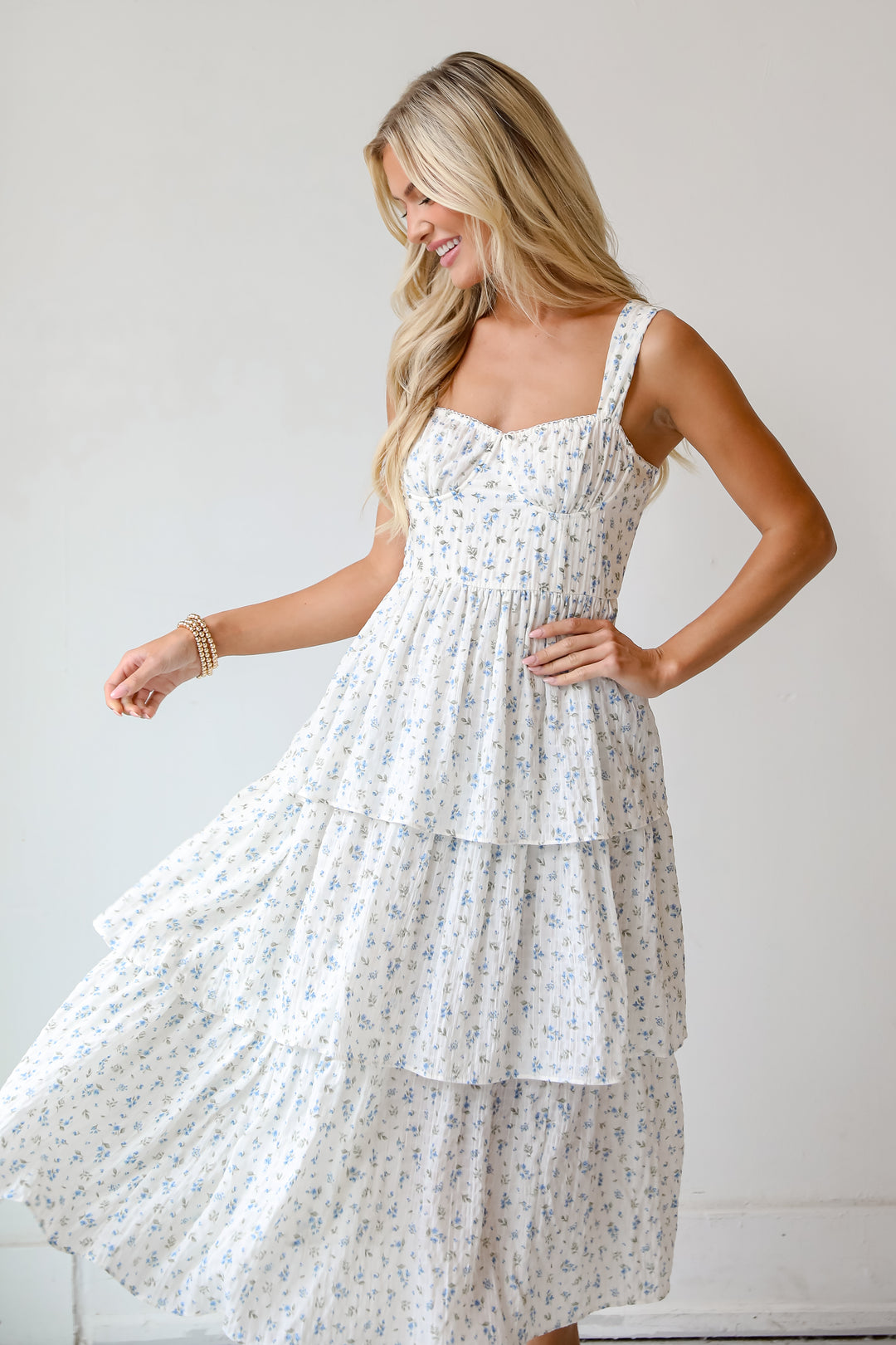 Ivory Floral Tiered Midi Dress