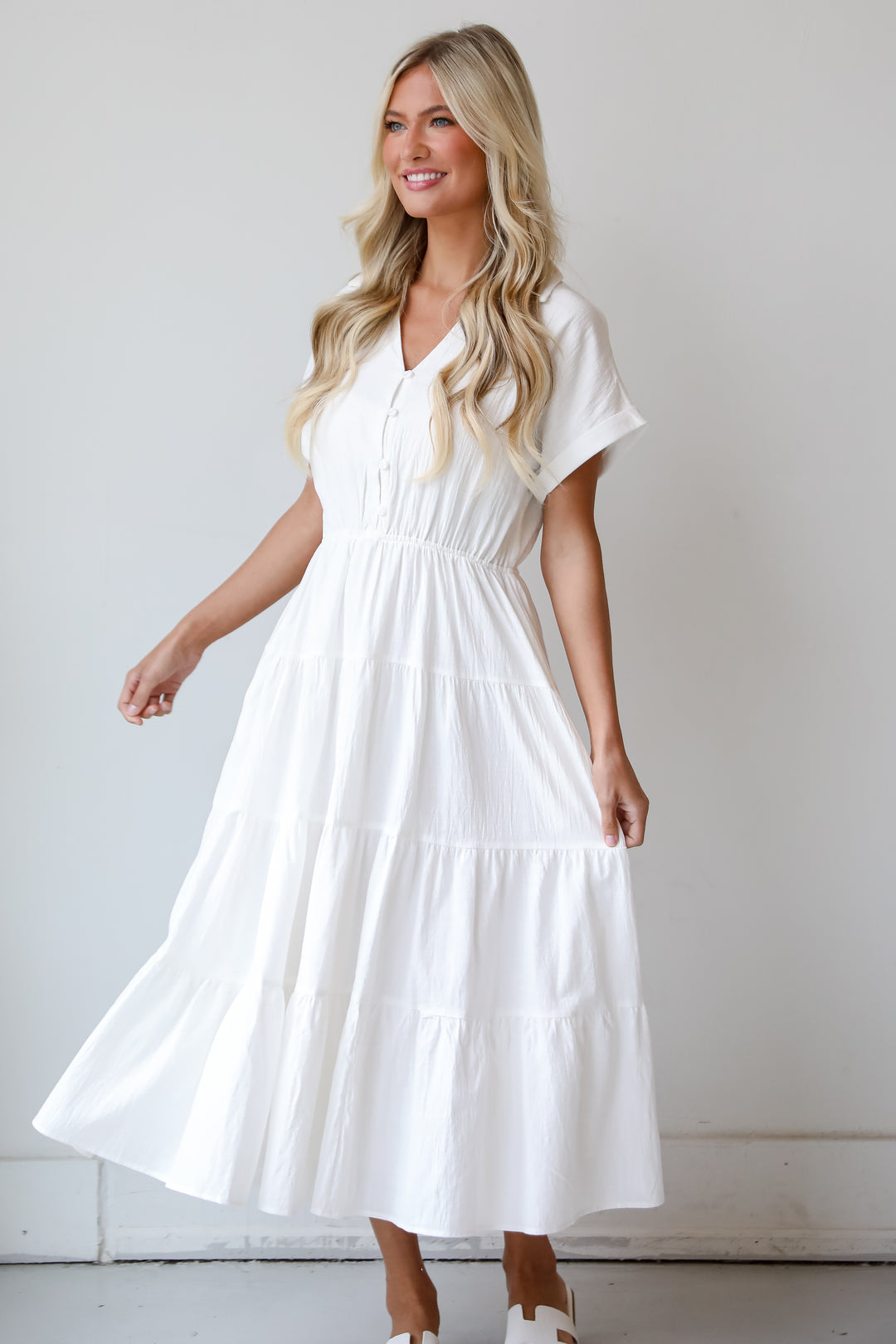 Summer Standard Off White Tiered Midi Dress