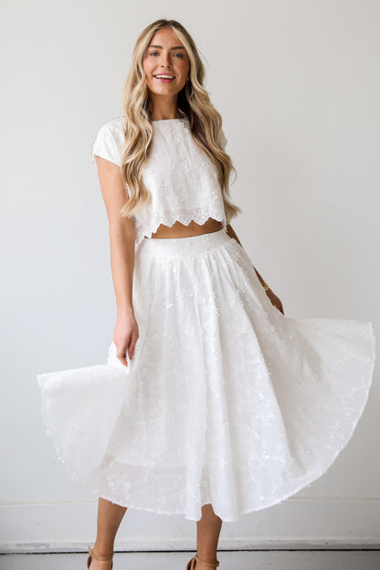 cute White Floral Midi Skirt