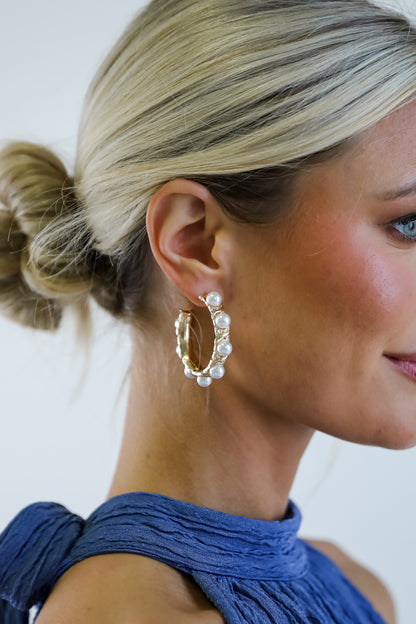 Amber Gold Pearl Hoop Earrings