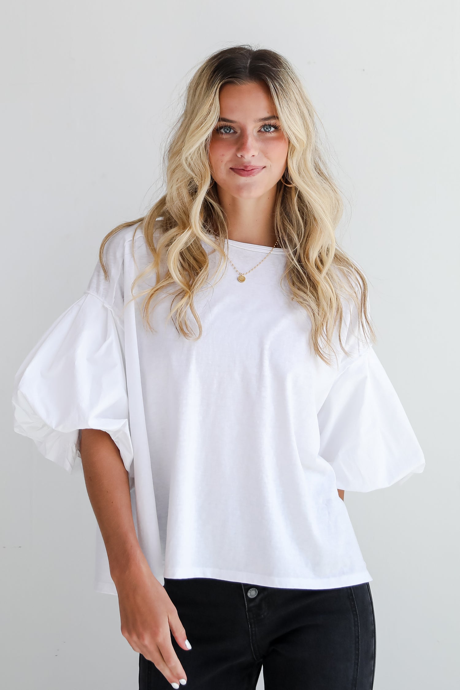 Poised Performance White Contrast Puff Sleeve Top