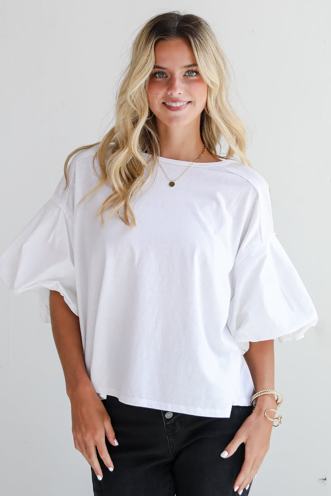 Poised Performance White Contrast Puff Sleeve Top