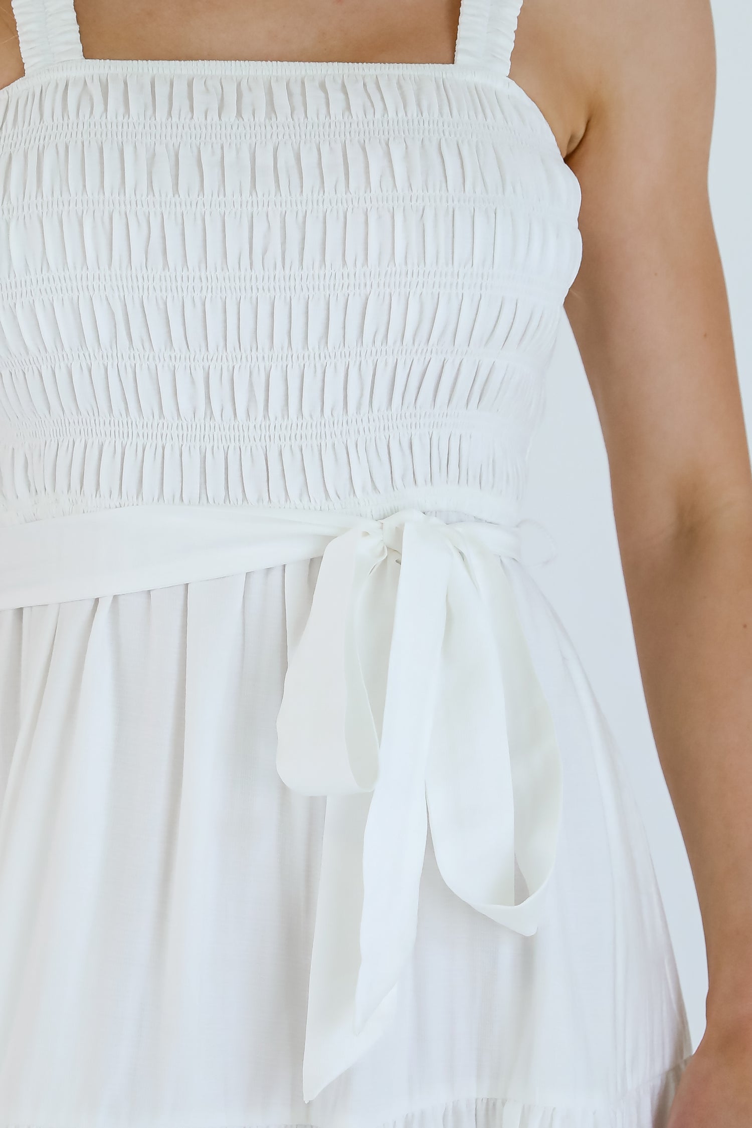 Strong Impressions White Smocked Tiered Maxi Dress