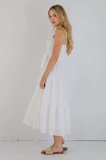 Strong Impressions White Smocked Tiered Maxi Dress