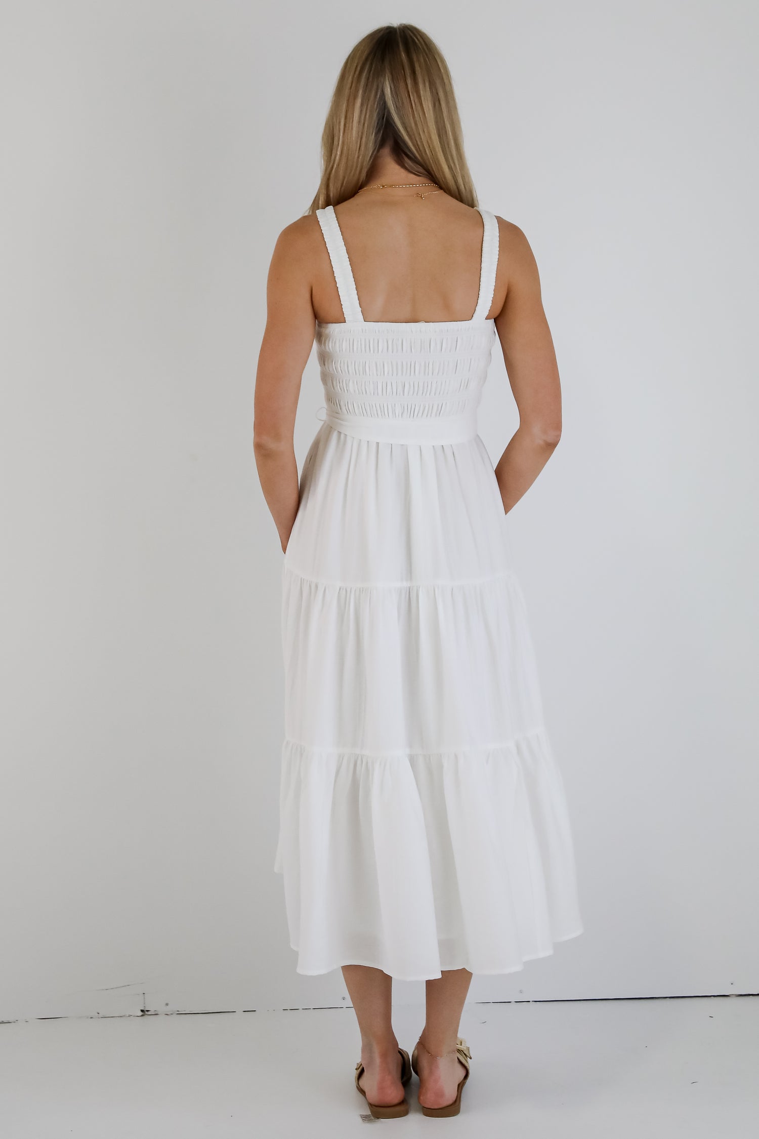 Strong Impressions White Smocked Tiered Maxi Dress