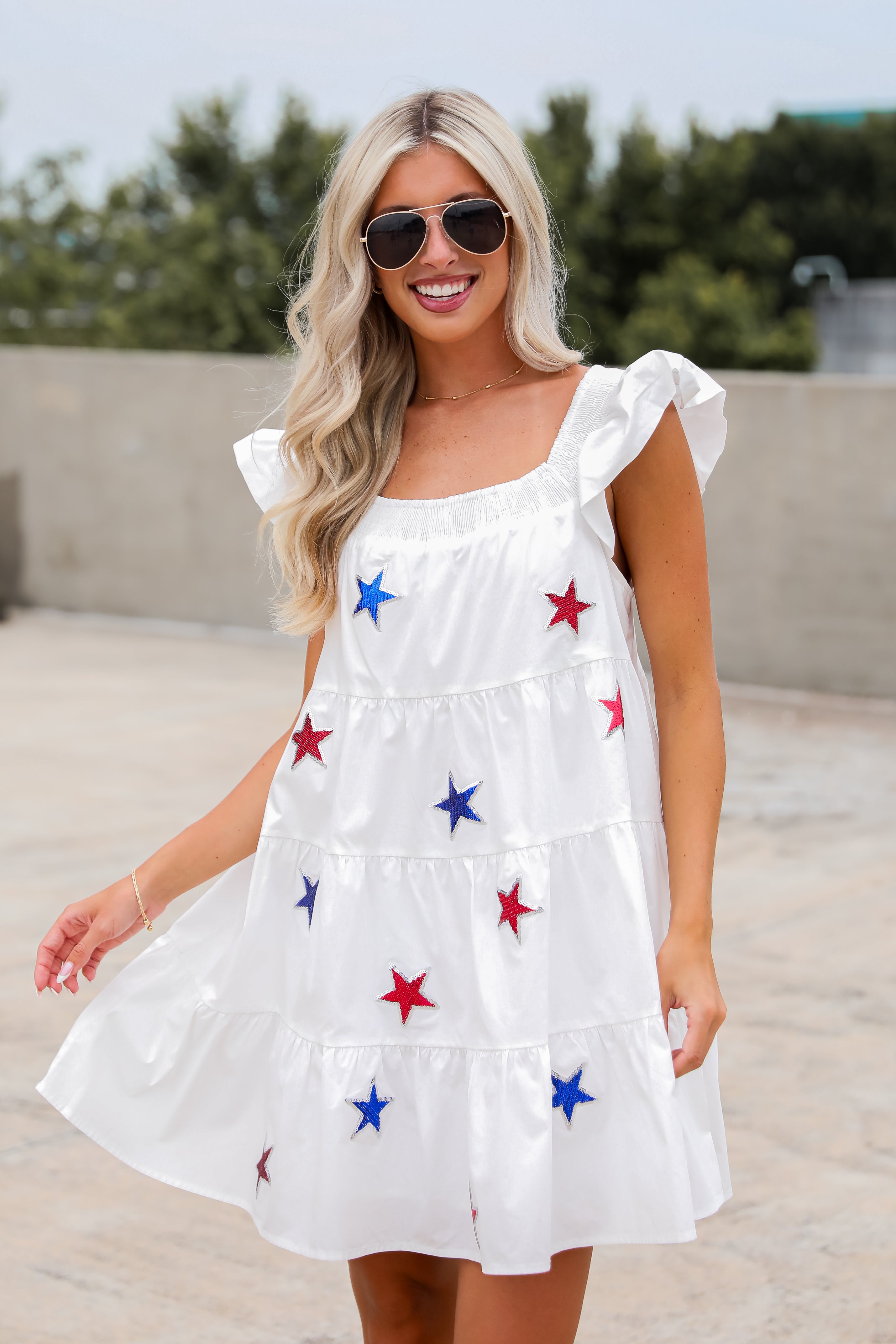 Sensationally Precious White Sequin Star Tiered Mini Dress