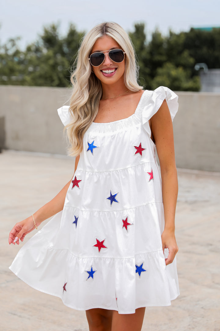 Sensationally Precious White Sequin Star Tiered Mini Dress