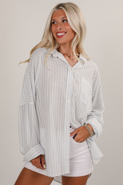Here You Are White Striped Button-Up Blouse