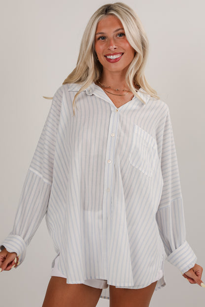 Here You Are White Striped Button-Up Blouse